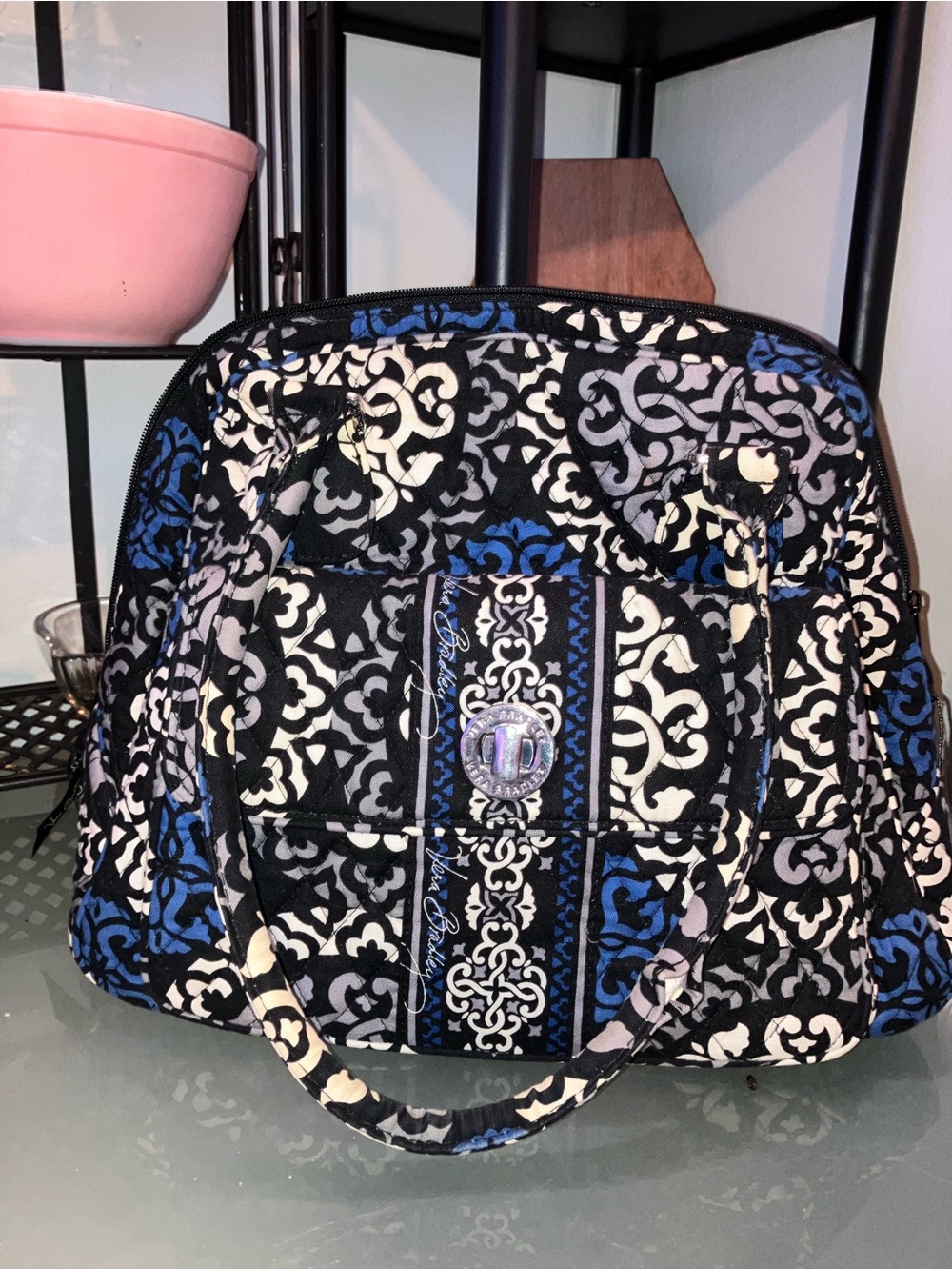 Vera Bradley Canterbury Cobalt Blue Black Gray White Pattern Dome Shoulder Bag